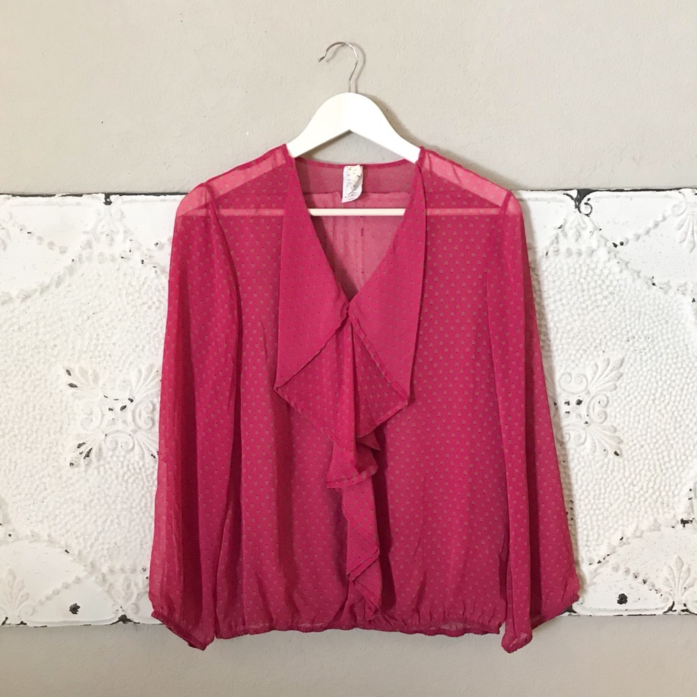 {Francesca’s} Fuchsia V-Neck Front Ruffled Blouse